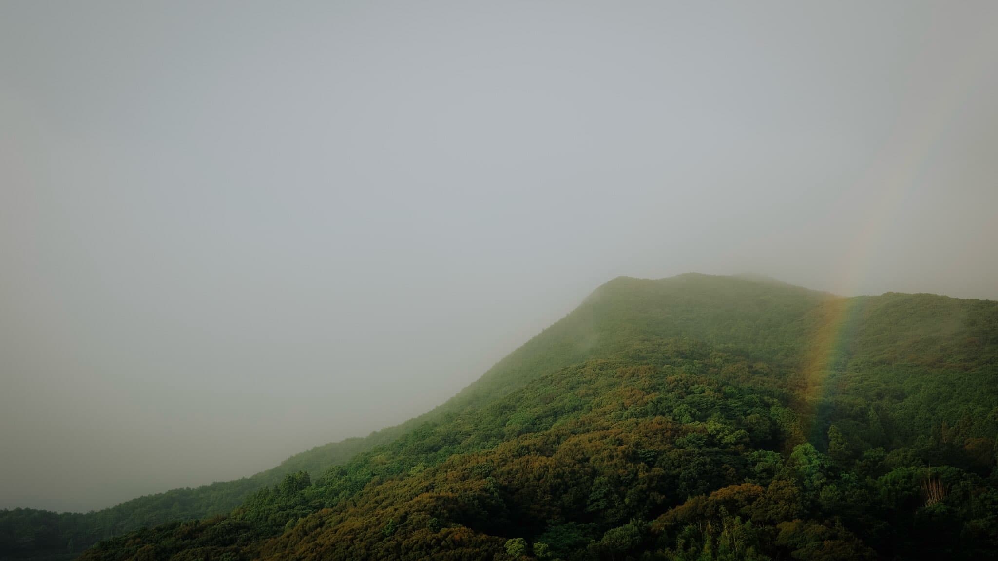 霧に覆われた緑の山の稜線。右手の斜面に虹の帯が縦に一本かかり、空はいちめん灰色に沈んでいる