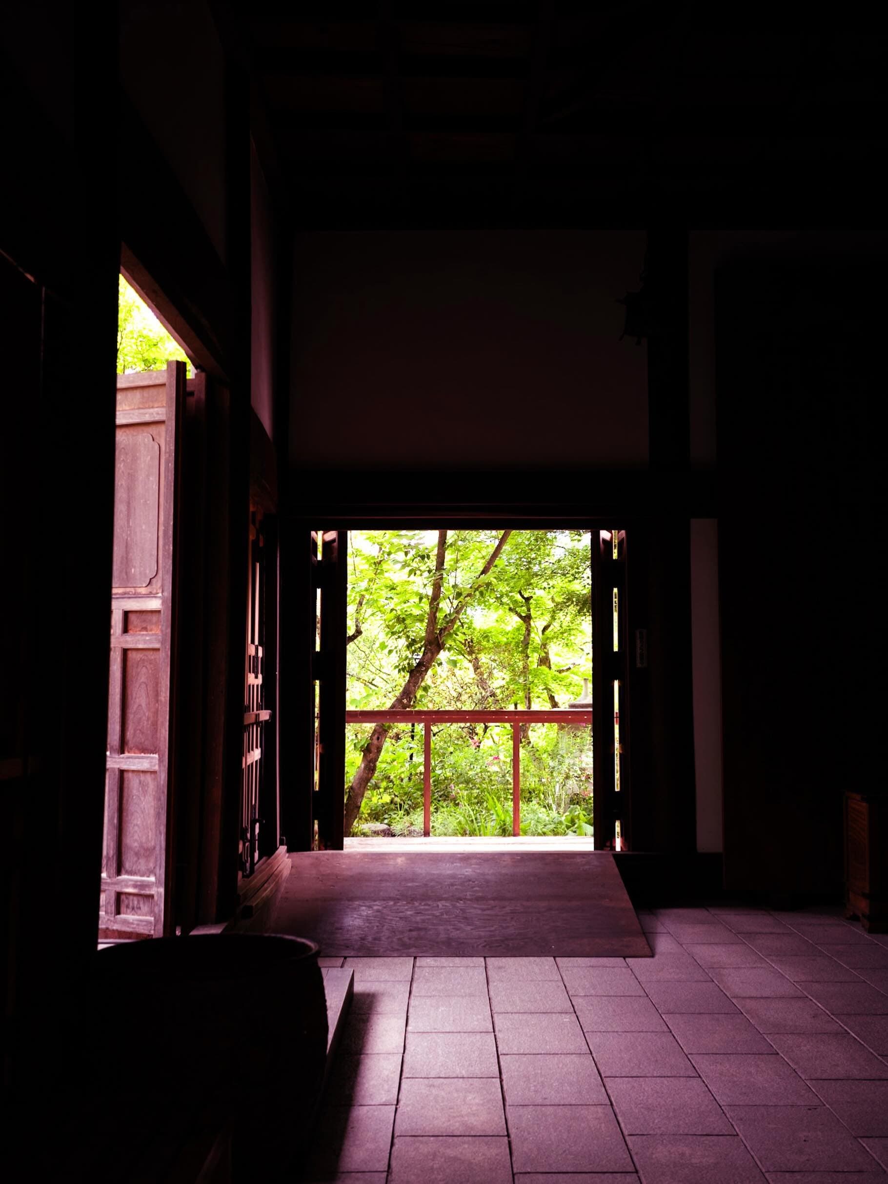 暗い寺社の堂内から、開け放たれた木の扉越しに外の緑の木々と赤い欄干が見える。手前は磨かれたタイル張りの床