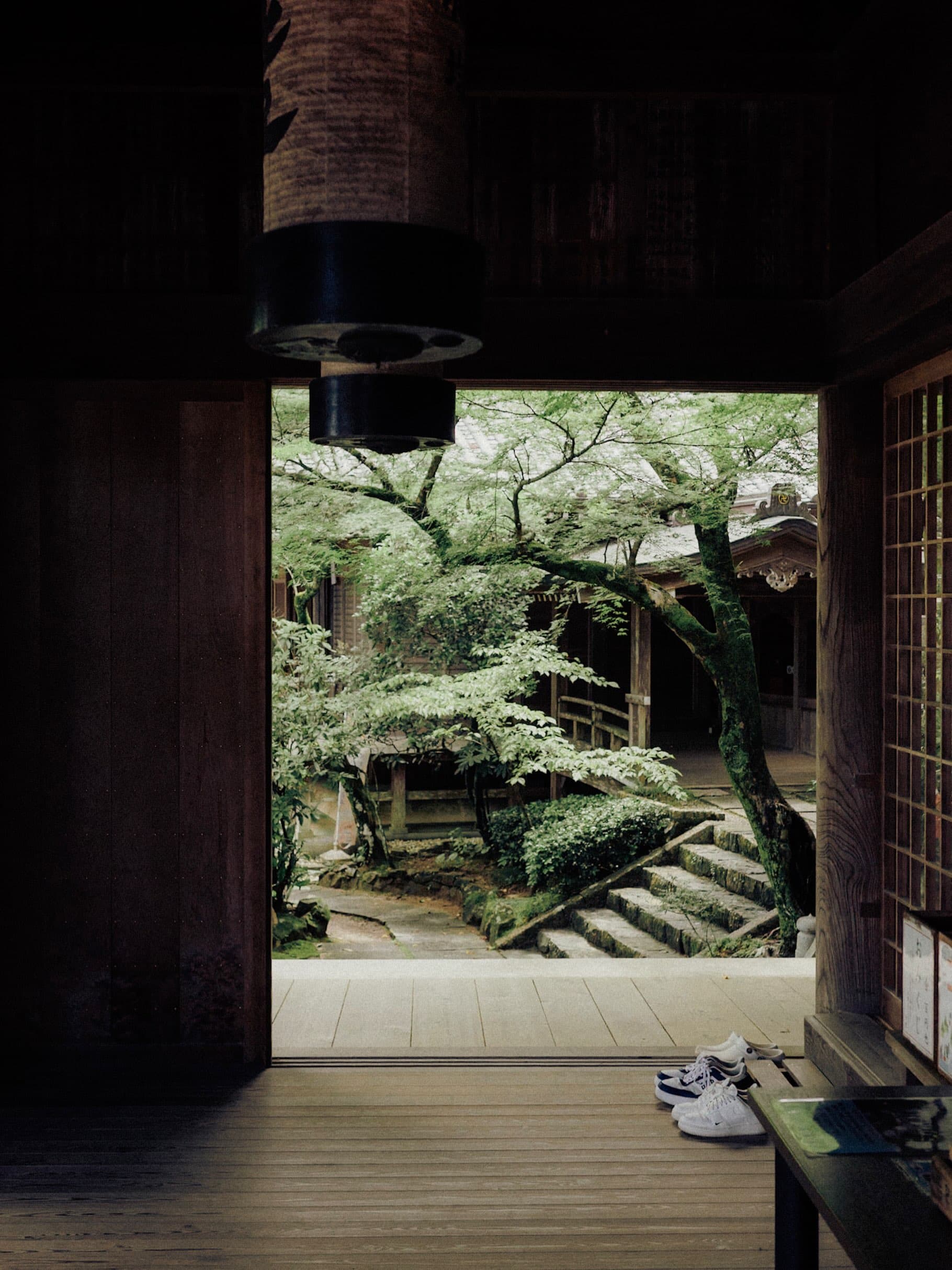 寺の薄暗い堂内から開口部越しに、青葉の木々と回廊、苔むした石段が見える。手前の縁側に白いスニーカーが二足脱いである