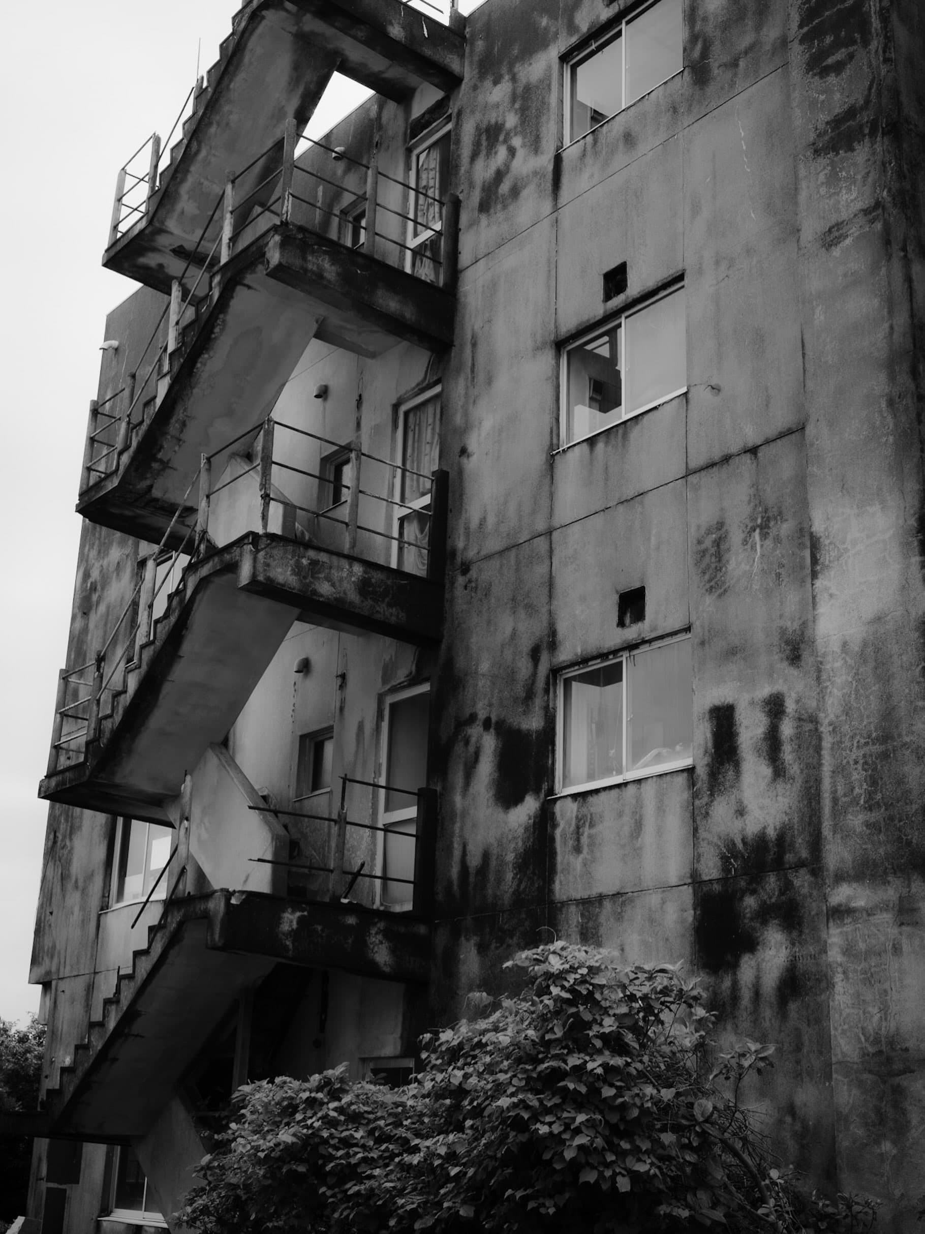 モノクロ。雨だれの跡が残るコンクリートの建物を見上げる。外付けの階段と手すりが折り返し、右手に窓が並び、下部に蔦が茂る